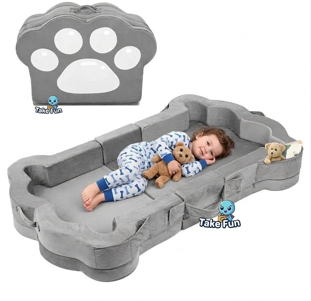 TF Foldable Toddler Travel Bed Modular Foam Floor Bed Washable Cover Grey Paw